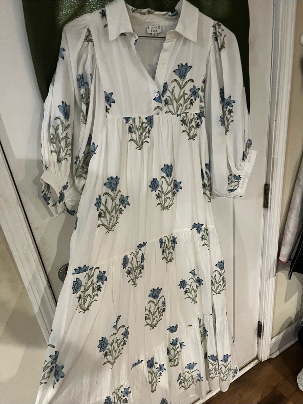 White Floral Tiered Maxi Dress with Blue Print made by Saule PARC - Picture 2 of 6